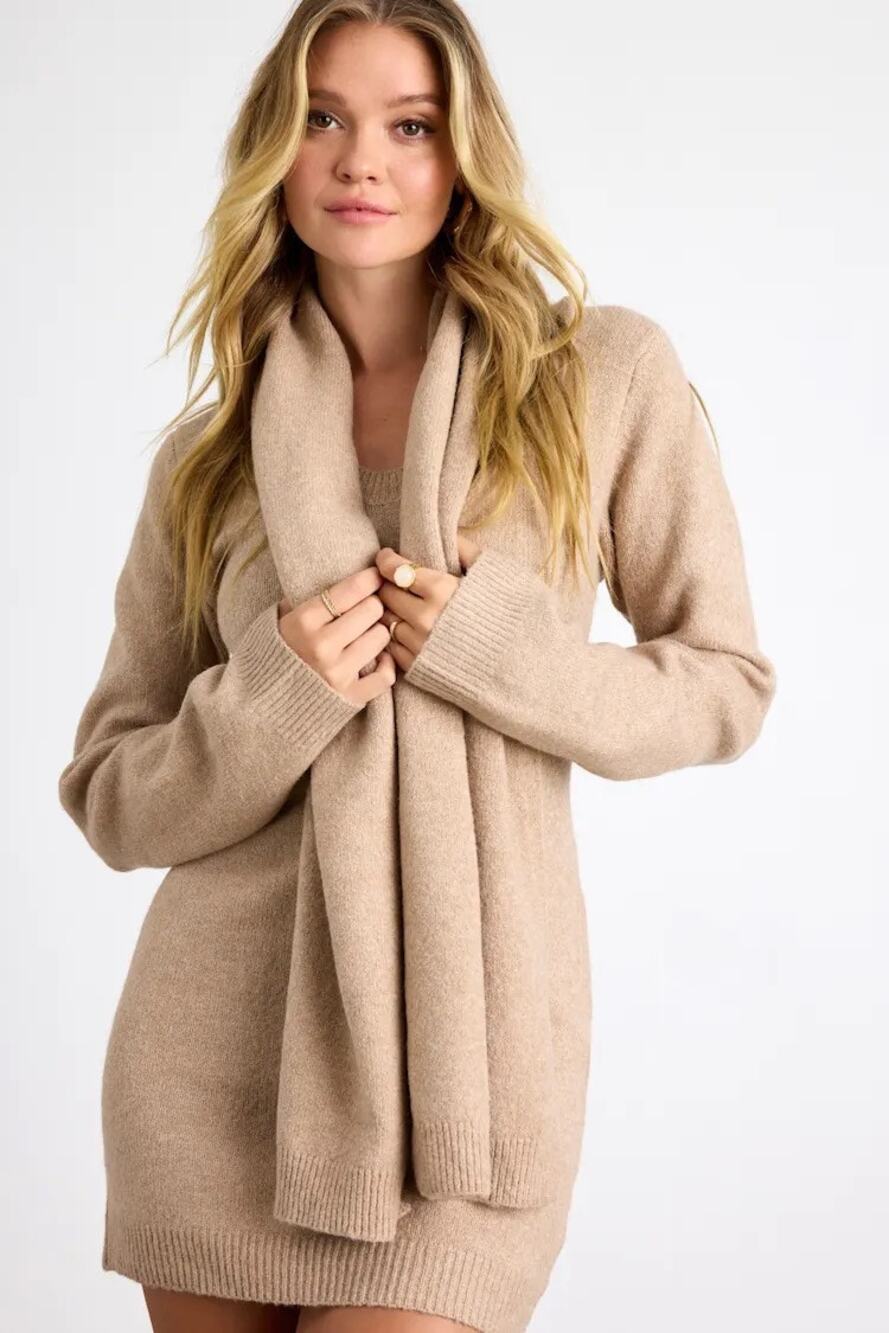 NWT Lulus | Essential Coziness Beige Sweater Dress and Scarf Set | Medium